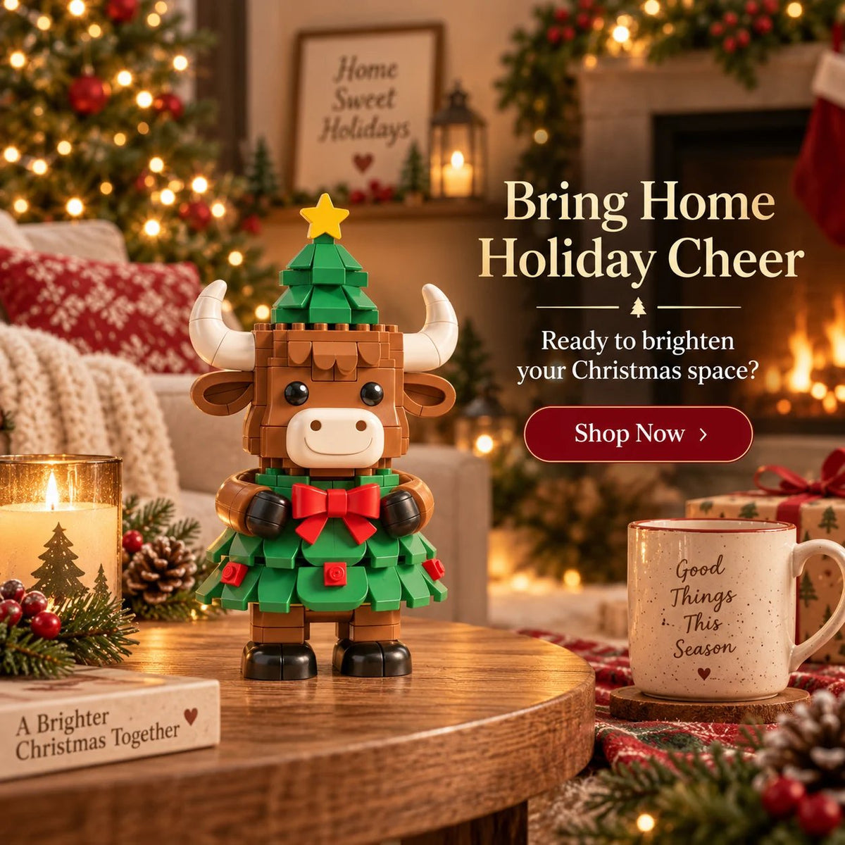 Christmas Tree Highland Cow Building Set – Festive DIY Block Toy & Holiday Display Decor