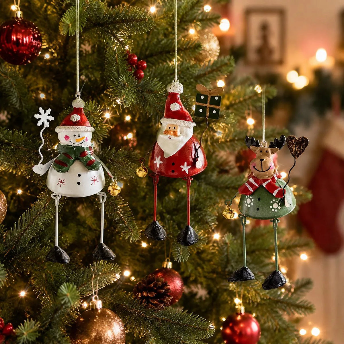 🎄✨ Hand-Painted Metal Christmas Ornaments – Playful Dangling-Leg Design 🎁