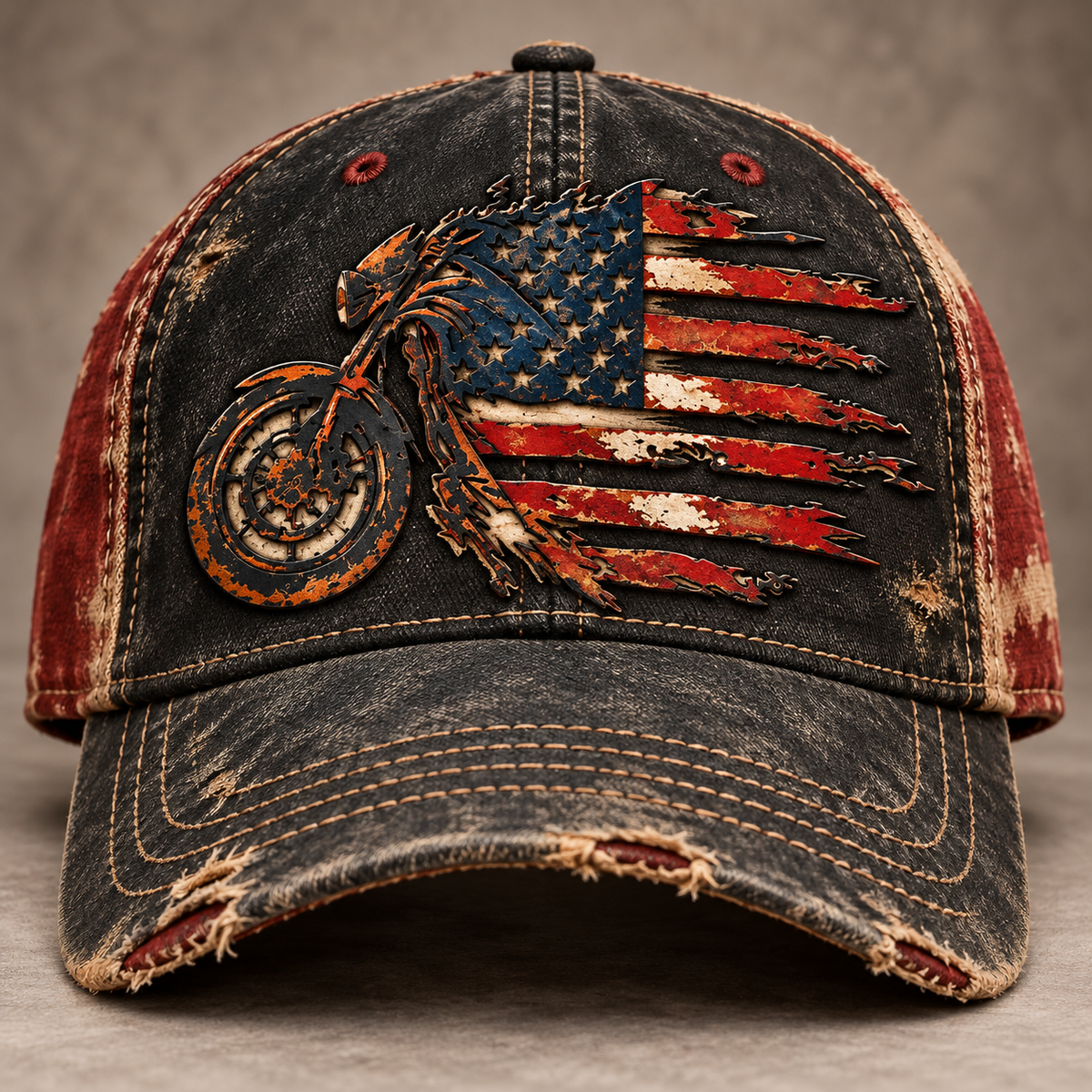 Vintage American Flag Motorcycle Baseball Cap with distressed black front, red side panels and curved brim