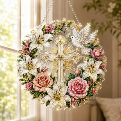 ✝️💐Cross, Flowers & Peace Dove Diamond Art Hanging Ornament kit