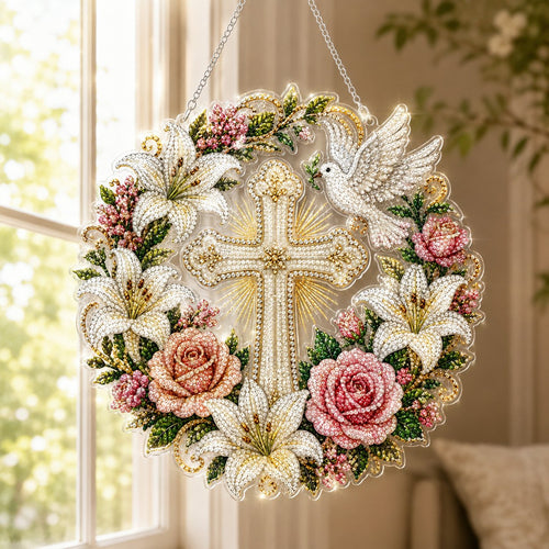 ✝️💐Cross, Flowers & Peace Dove Diamond Art Hanging Ornament kit