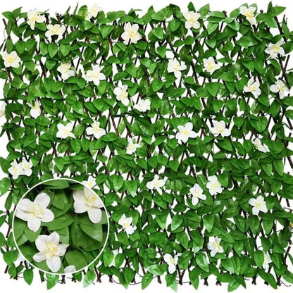 🌿 Expandable Faux Ivy Fence with White Flowers – Stretchable Privacy Screen for Balcony, Patio & Garden Walls