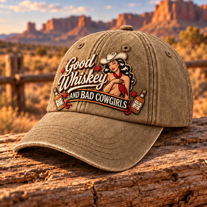 🤠🥃 Good Whiskey And Bad Cowgirls Retro Western Pin-Up Baseball Cap