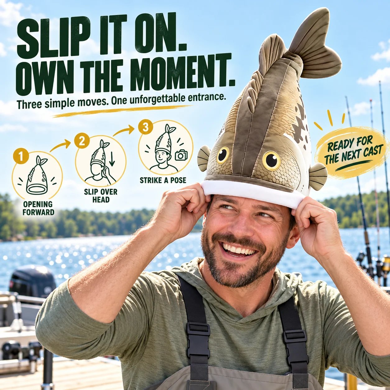 Fishing enthusiast adjusting the opening of a full 3D fish-shaped novelty hat