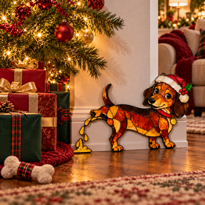 🐕🎄 Funny Peeing Dachshund Christmas Decoration – Cheeky Stained-Glass-Style Holiday Decor