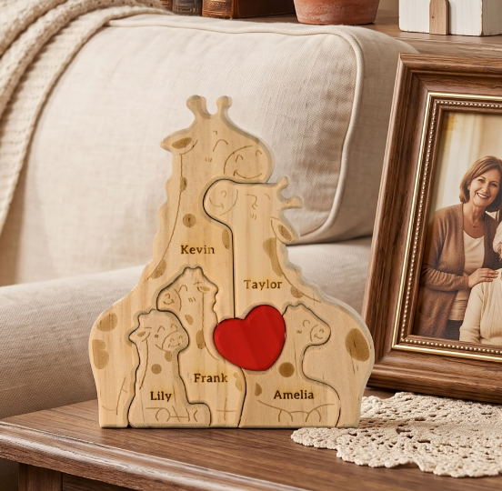 🦒❤️ Personalized Giraffe Family Puzzle – 2–5 Names Wooden Keepsake ✨