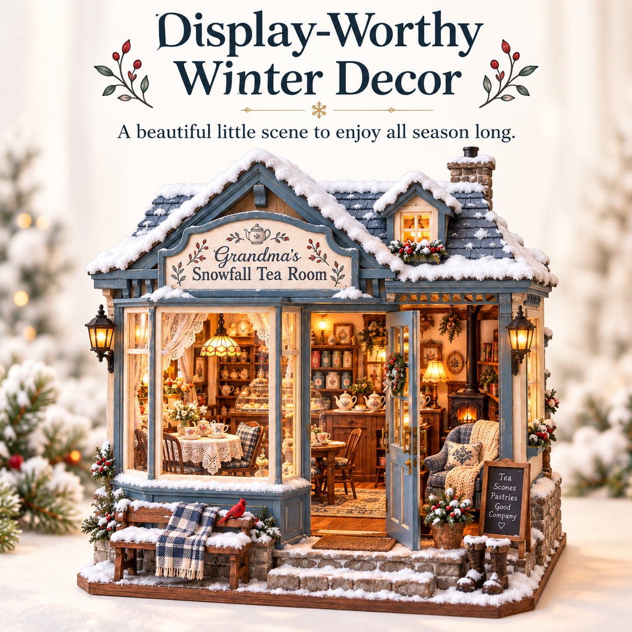 Snowfall Tea Room cottage styled as illuminated winter decor on a home display