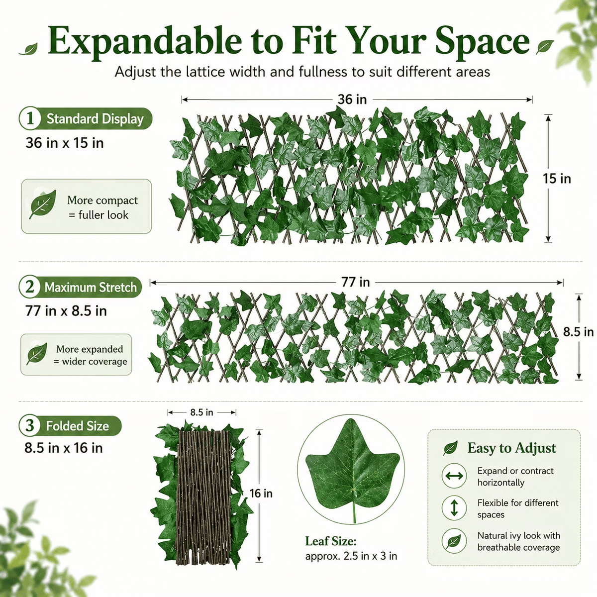 🌿 Expandable Faux Ivy Fence with White Flowers – Stretchable Privacy Screen for Balcony, Patio & Garden Walls