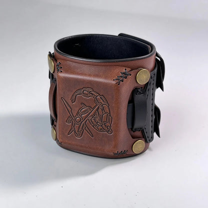 Leather Cuff Watch Strap with Personalized Flap, Brown Wide Handmade Watch Band for Apple