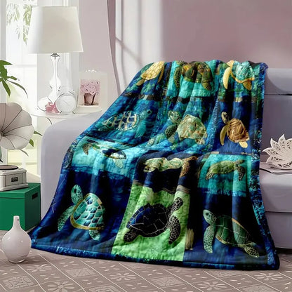 Sea Turtle Throw Blanket, Ocean Mosaic Patchwork Soft Cover