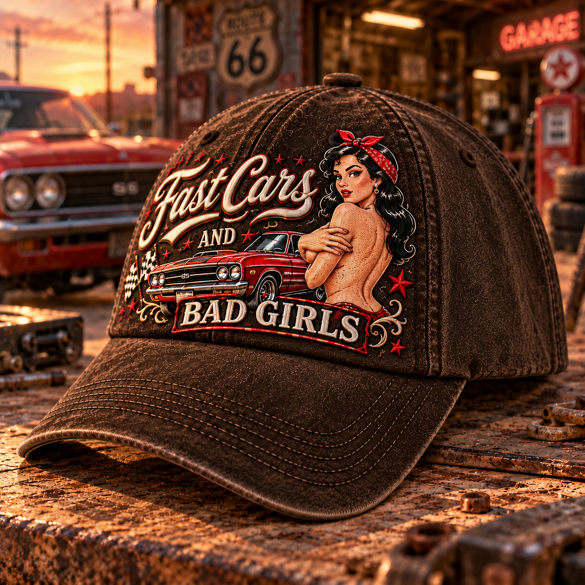 🏁🔥 Fast Cars And Bad Girls Retro Muscle Car Pin-Up Baseball Cap