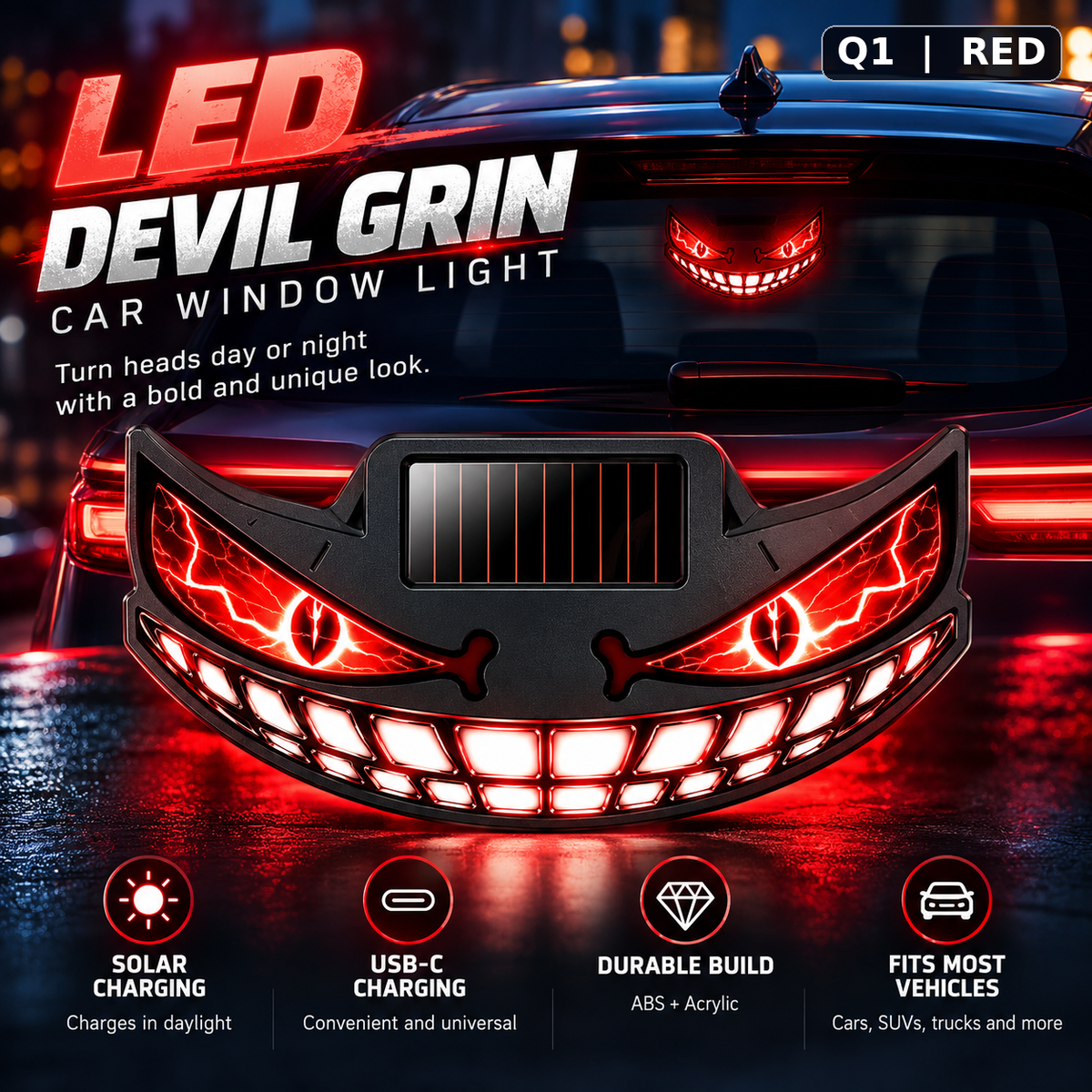 😈🚗 Devil Grin LED Car Window Light – Solar + USB-C Rechargeable Window Glow