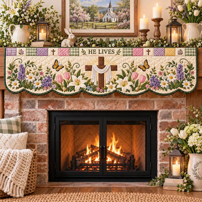 ⏳ Last Day 49% OFF – ✝️ Easter Faith Quilted Mantel Scarf | Patchwork Christian Fireplace Décor for Spring & Easter 🌷