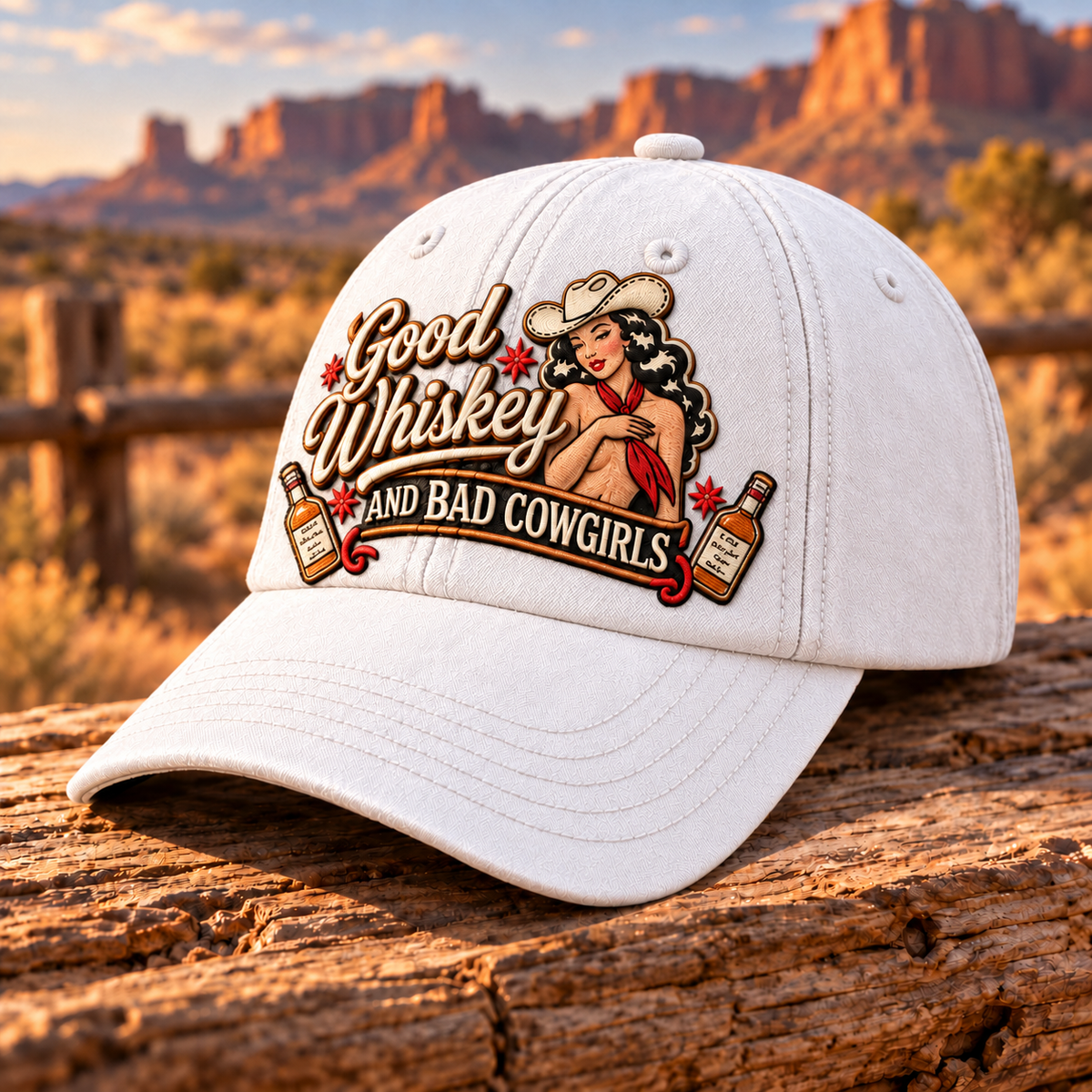 🤠🥃 Good Whiskey And Bad Cowgirls Retro Western Pin-Up Baseball Cap