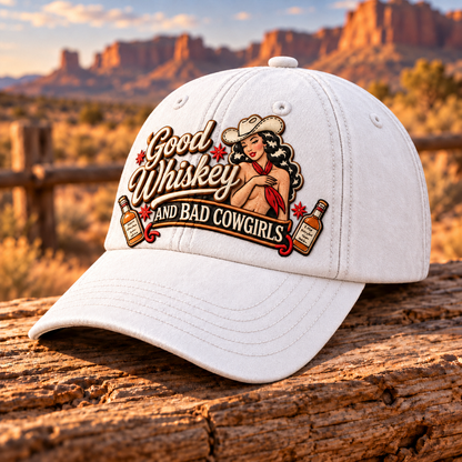 🤠🥃 Good Whiskey And Bad Cowgirls Retro Western Pin-Up Baseball Cap