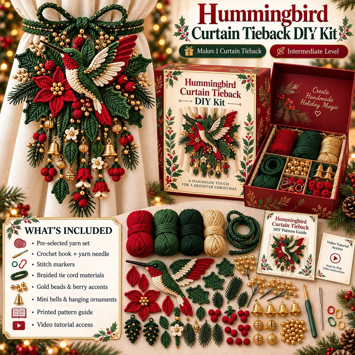 ⏳ Last Day 49% OFF – 🎄 Christmas Crochet Curtain Tieback DIY Kit | Beginner-Friendly Options, 8 Festive Designs 🧶