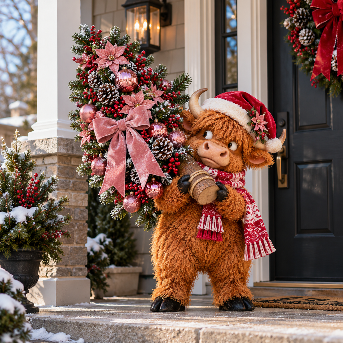 Highland Cow with pink Christmas tree on a festive porch during daytime