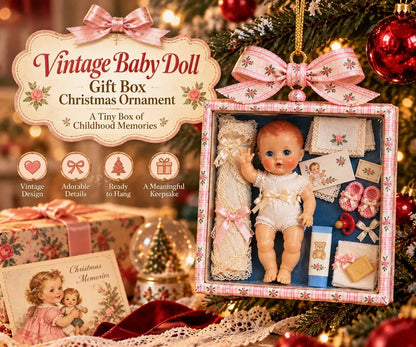🎄🎁Vintage Baby Doll Gift Box Christmas Ornament – Nostalgic Keepsake | A Heartwarming Christmas Gift for Doll Lovers, Moms & Grandmas.