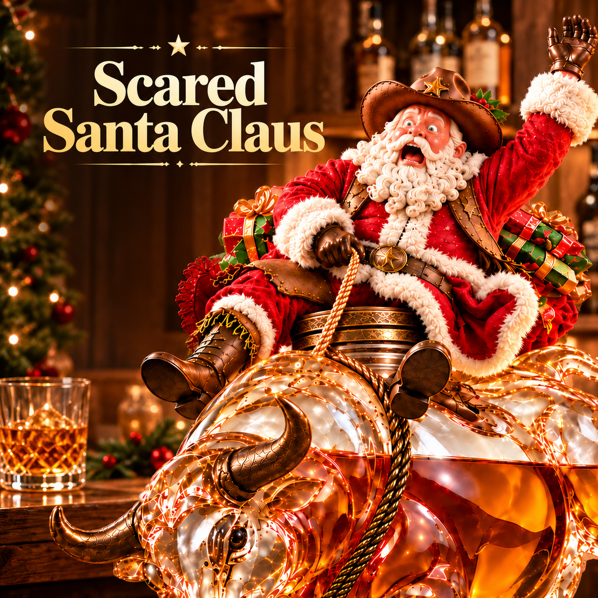 🎄🐂 Scared Santa Bull Rider Whiskey Bottle –  Unique Holiday Gift 🎁