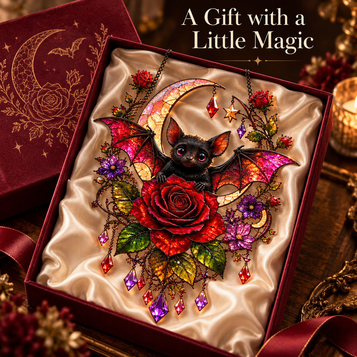 🦇🌹 Midnight Romance – Gothic Bat & Rose Crescent Moon Window Suncatcher ✨