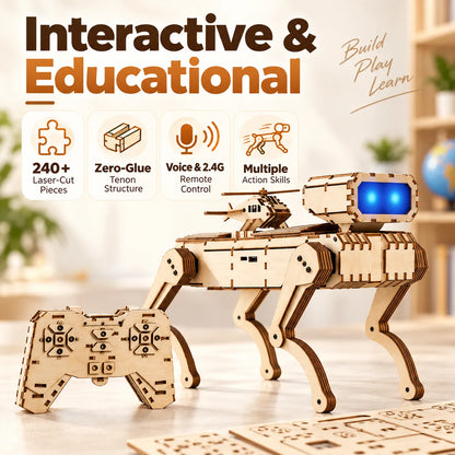 🤖 Wooden Smart Robot Dog [Voice & Remote Control] - STEM Building Kit for Kids!