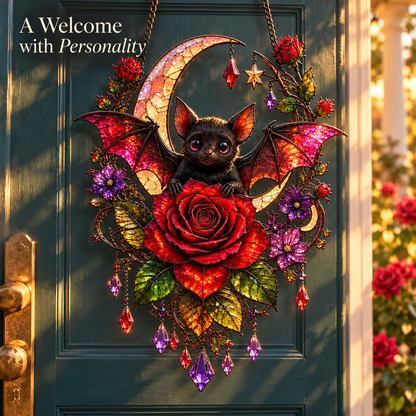 🦇🌹 Midnight Romance – Gothic Bat & Rose Crescent Moon Window Suncatcher ✨