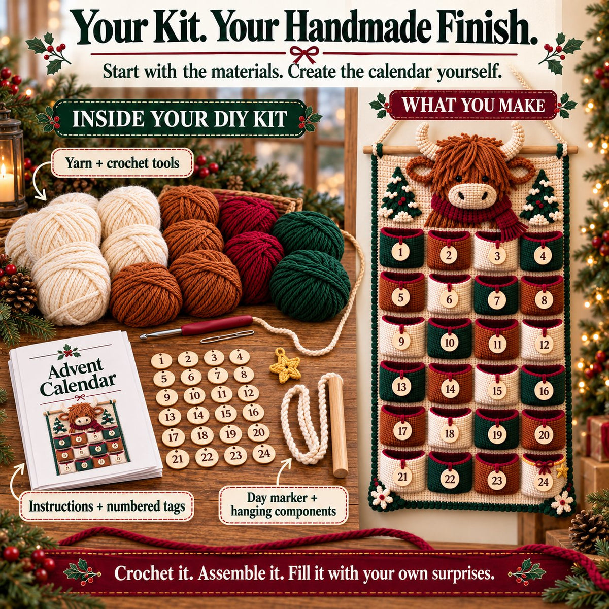 🎄 DIY Crochet Advent Calendar Kit – 24 Refillable Pockets & 4 Christmas Designs 🧶 | 45% OFF
