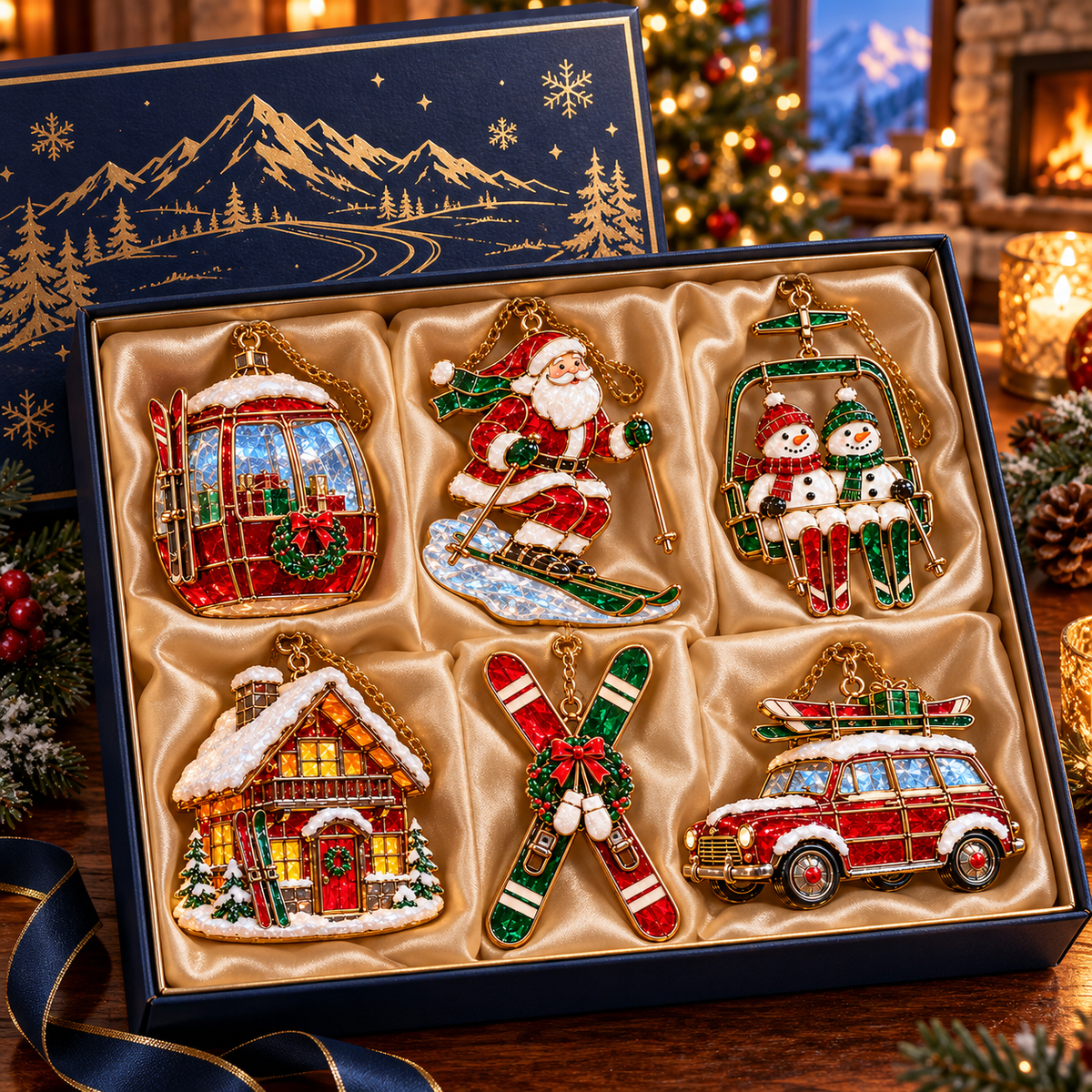 ⛷️ 2026 Christmas Ski Resort Ornaments – Set of 6 Festive Winter Holiday Keepsakes