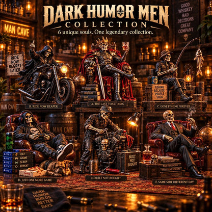 💀🔥 Bad to the Bone – 6 Dark Humor Skeleton Collectibles for Men, Man Cave Decor & Unique Gifts 🎁