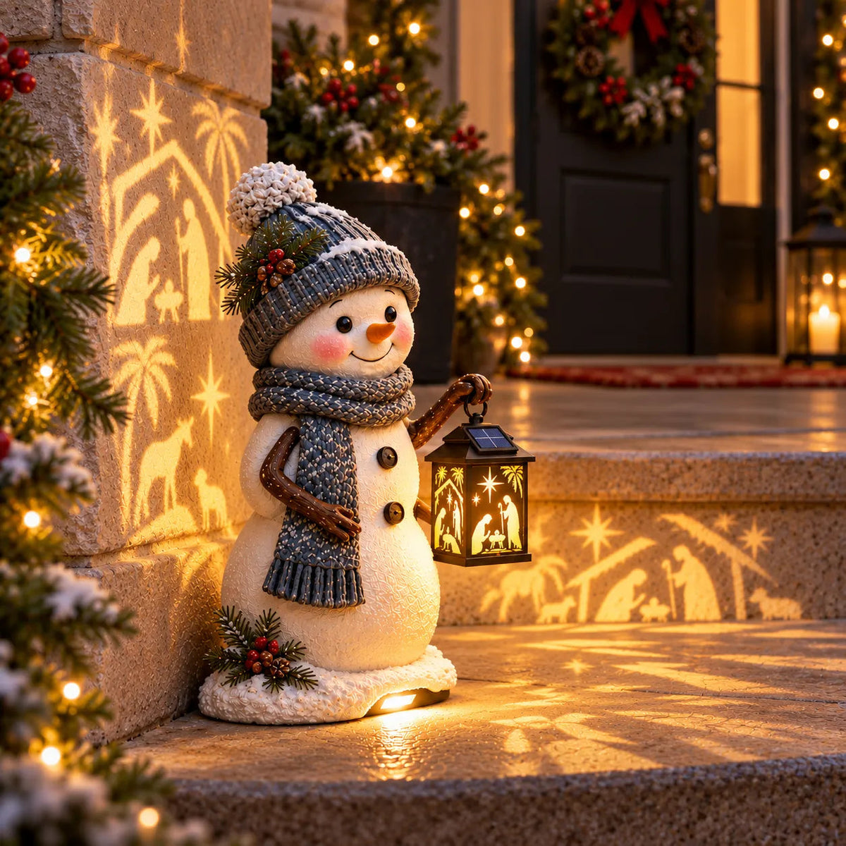 ⛄✨ Solar Christmas Step Light – Snowman Design with Holy Family Projection 🎄