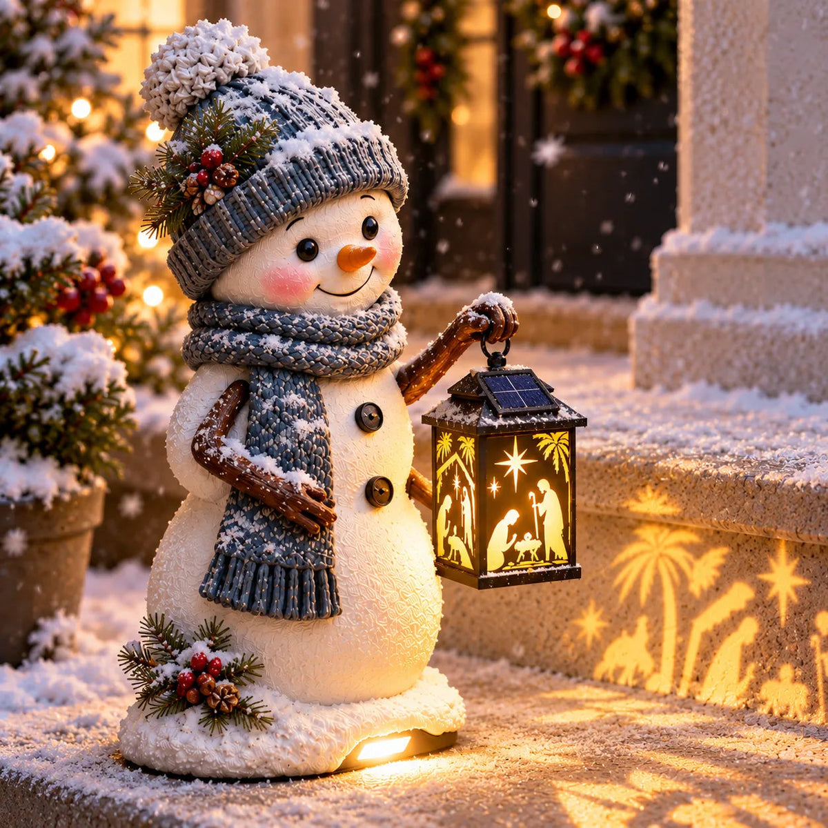 ⛄✨ Solar Christmas Step Light – Snowman Design with Holy Family Projection 🎄