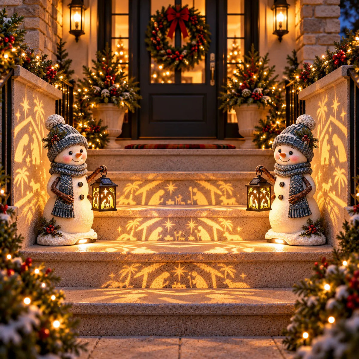 ⛄✨ Solar Christmas Step Light – Snowman Design with Holy Family Projection 🎄