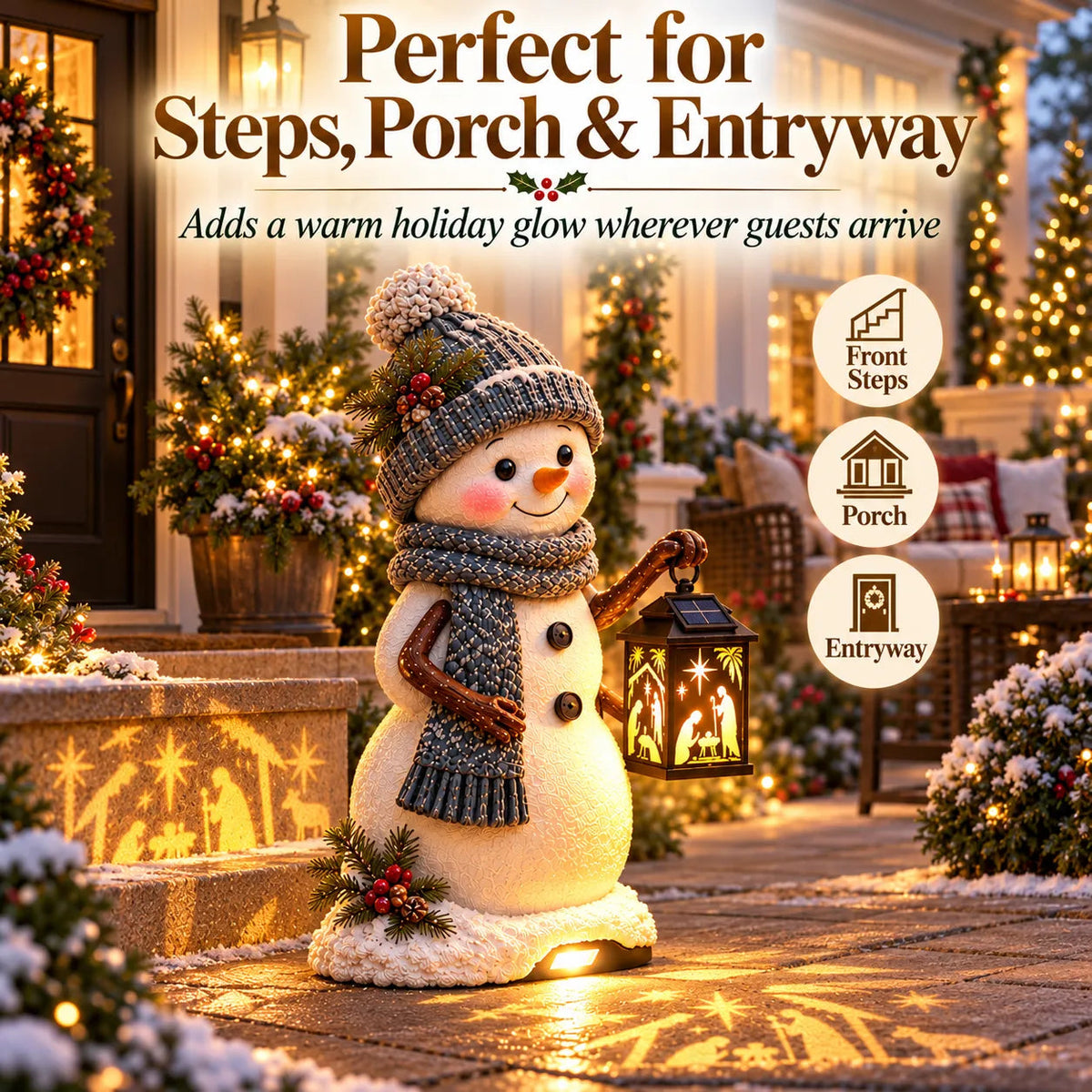 ⛄✨ Solar Christmas Step Light – Snowman Design with Holy Family Projection 🎄