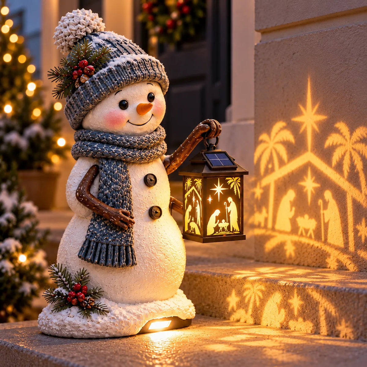 ⛄✨ Solar Christmas Step Light – Snowman Design with Holy Family Projection 🎄