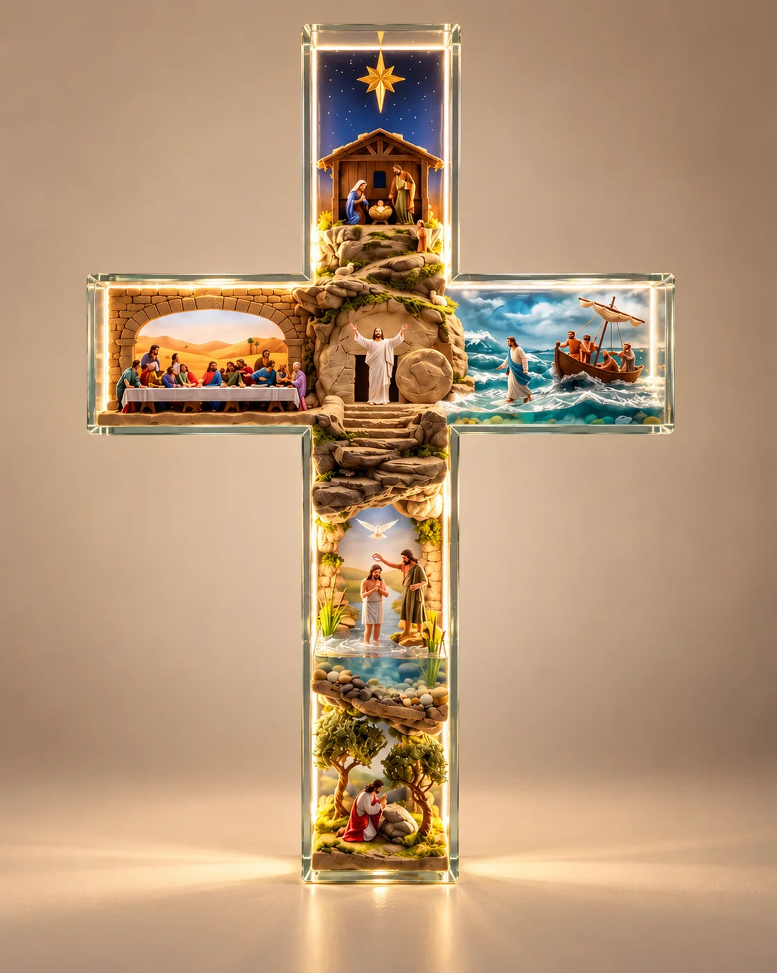 ✝️✨ Illuminated Jesus Story Cross – Six Biblical Scenes & Warm Golden Glow