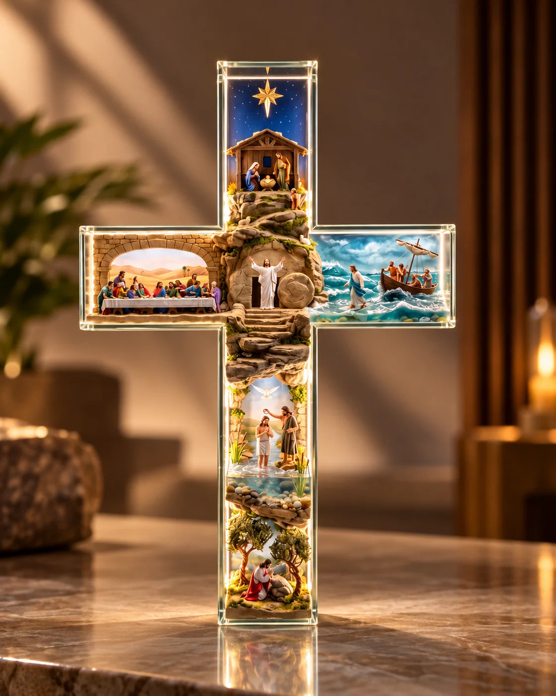 ✝️✨ Illuminated Jesus Story Cross – Six Biblical Scenes & Warm Golden Glow