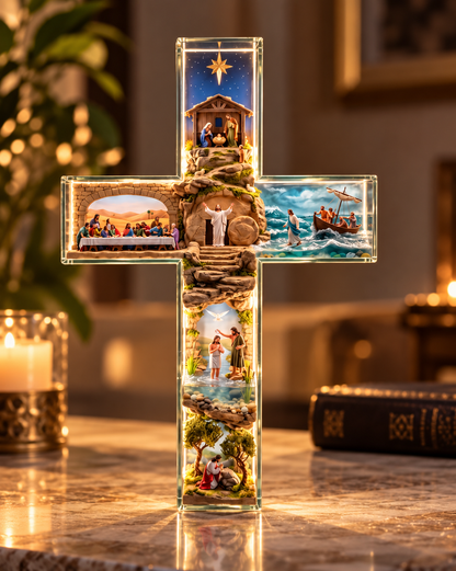 ✝️✨ Illuminated Jesus Story Cross – Six Biblical Scenes & Warm Golden Glow