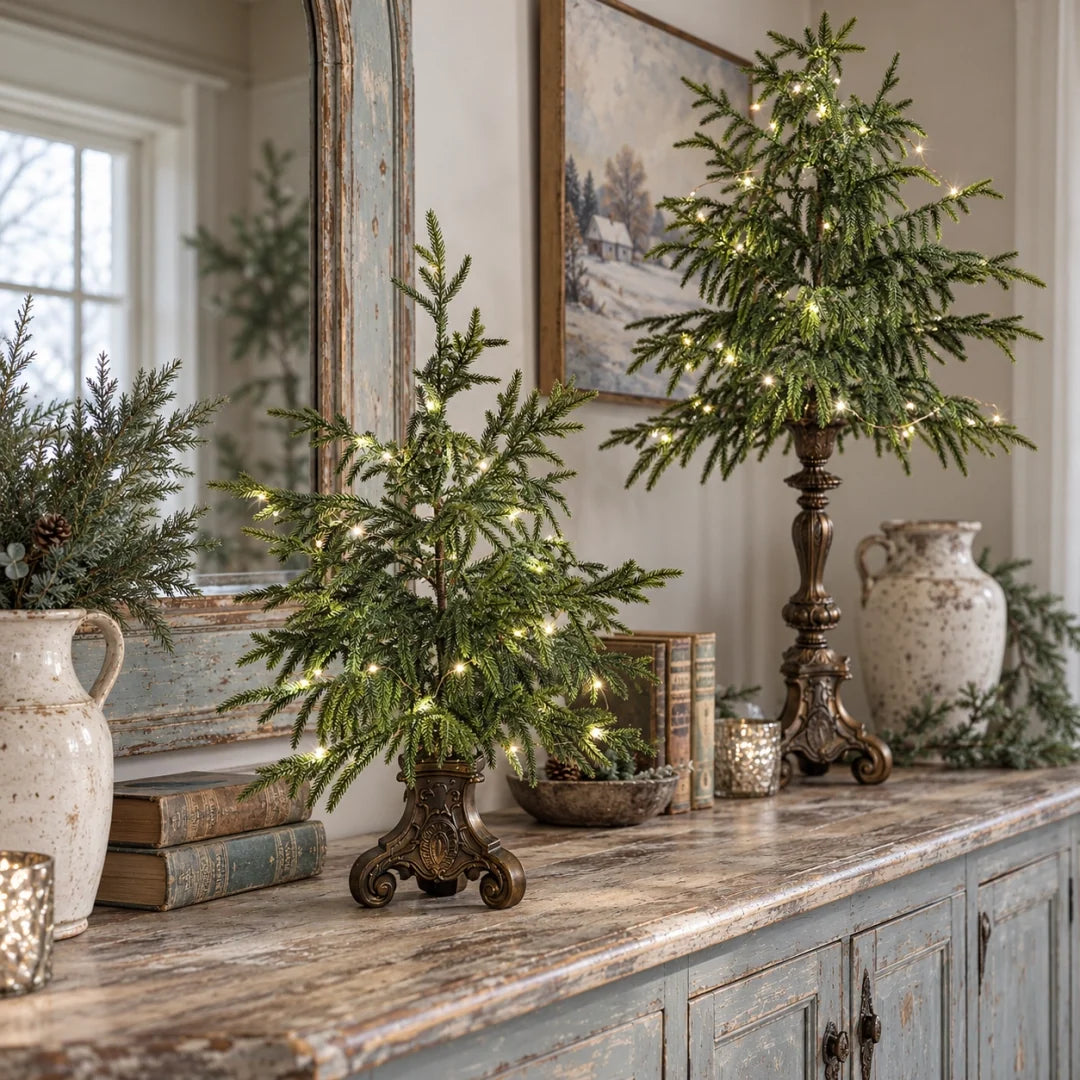 🎄✨ Pre-Lit Norfolk Pine Trees – Vintage Pedestal Christmas Decor