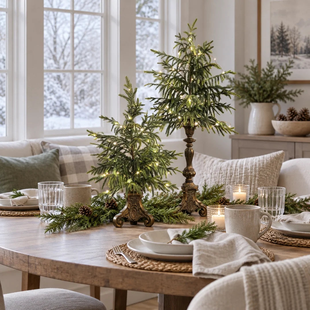 🎄✨ Pre-Lit Norfolk Pine Trees – Vintage Pedestal Christmas Decor