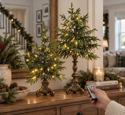 🎄✨ Pre-Lit Norfolk Pine Trees – Vintage Pedestal Christmas Decor