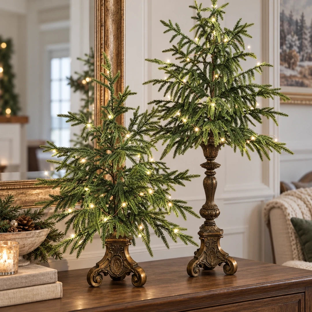 🎄✨ Pre-Lit Norfolk Pine Trees – Vintage Pedestal Christmas Decor