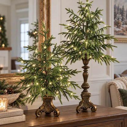 🎄✨ Pre-Lit Norfolk Pine Trees – Vintage Pedestal Christmas Decor