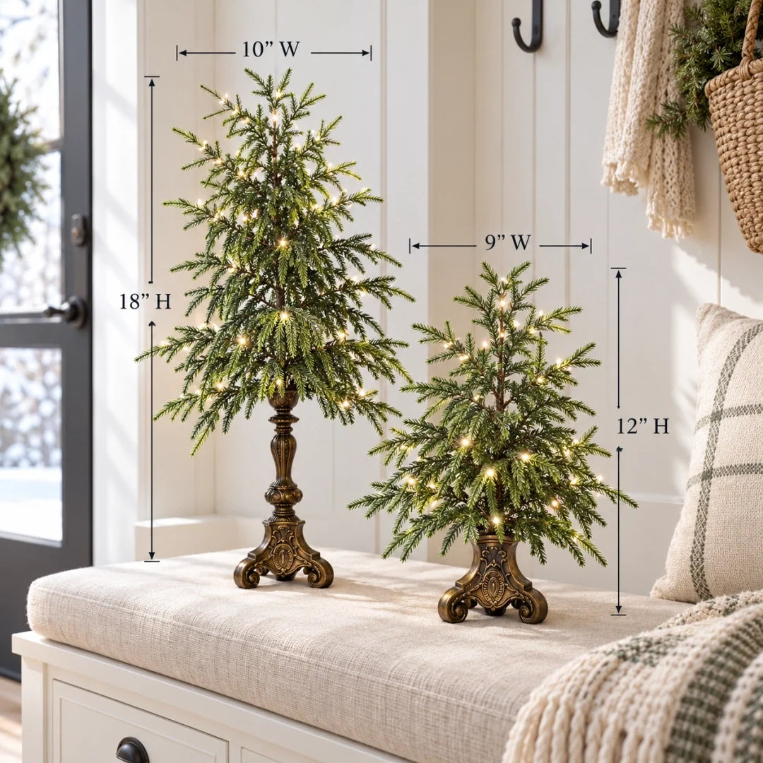 🎄✨ Pre-Lit Norfolk Pine Trees – Vintage Pedestal Christmas Decor