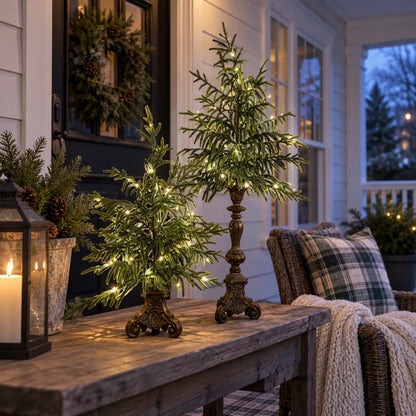 🎄✨ Pre-Lit Norfolk Pine Trees – Vintage Pedestal Christmas Decor