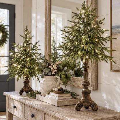 🎄✨ Pre-Lit Norfolk Pine Trees – Vintage Pedestal Christmas Decor