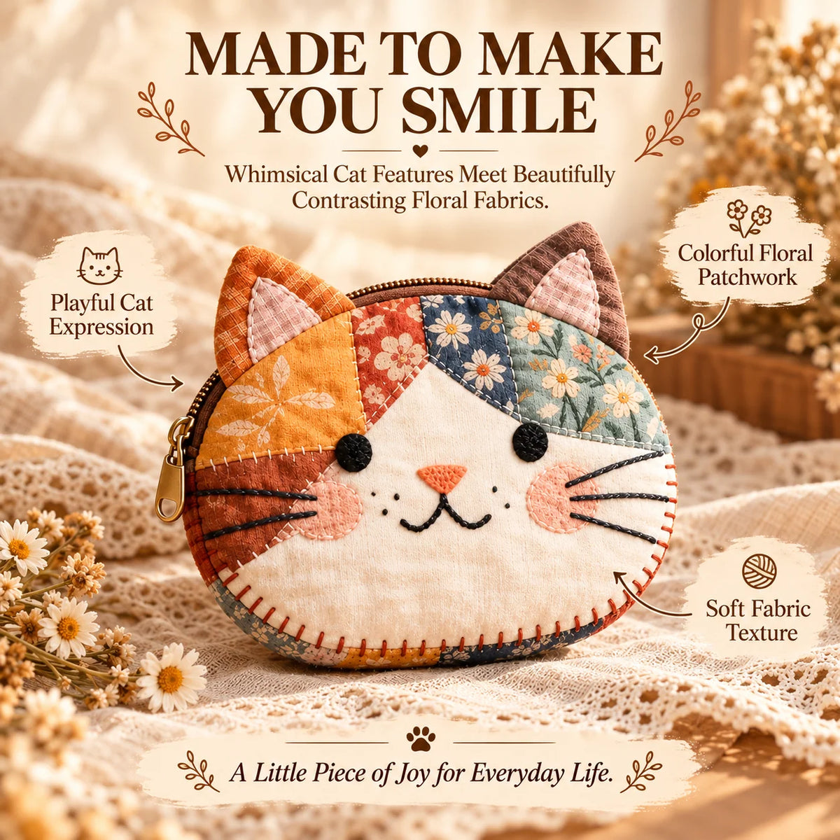 🐱🧵 Handmade Patchwork Cat Coin Purse – Small Change, Big Personality ✨