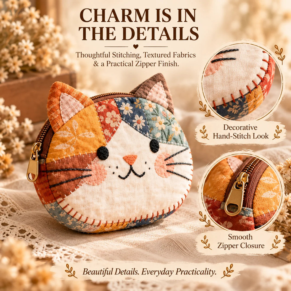 🐱🧵 Handmade Patchwork Cat Coin Purse – Small Change, Big Personality ✨