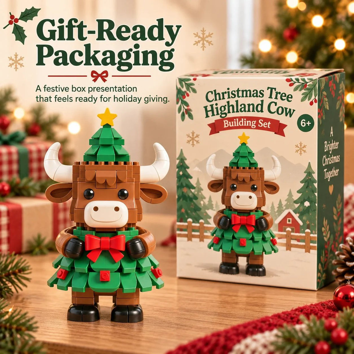 Christmas Tree Highland Cow Building Set – Festive DIY Block Toy & Holiday Display Decor