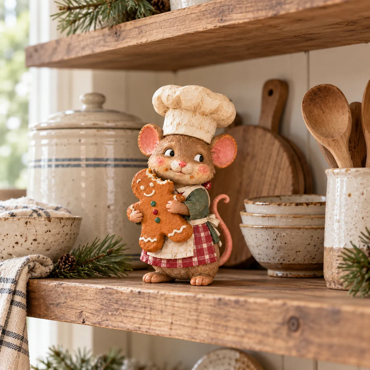 🐭🍪 Gingerbread Mouse Baker Figurine – Vintage-Style Christmas Kitchen Decor