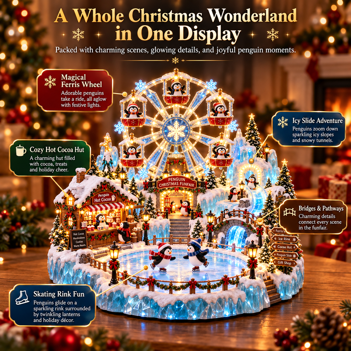 🔥Last Day 33% OFF -🎡 Penguin Christmas Funfair | Lighted Animated Christmas Village